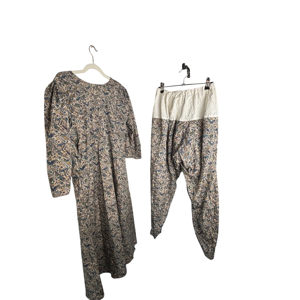 Vintage Women Paisley Salwar Kameez Set Blue Gold Floral‎ Tunic Trousers Suit